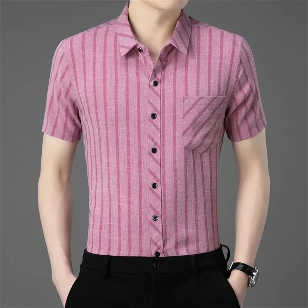 Men's Fashion Striped Shirt Short Sleeved Business Casual Linen Shirt
