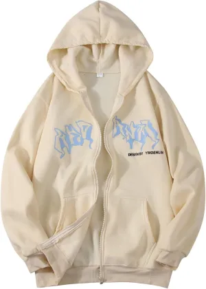 Mens Fleece Full-zip Hoodie Graphic Hoodies Y2K Jacket Fashion Aesthetic Sweatshirt Gothic Long Sleeve Letter Print Hoodies