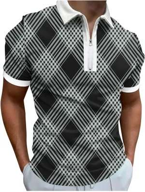 Men's Golf Polo Shirt Vintage Casual Pique Zipper Polo T-Shirt Argyle Loose Fit Sport Shirt Moisture Wicking Golf Shirt 2023 New Summer Oktoberfest Back to School Graduation Season Travel Holiday