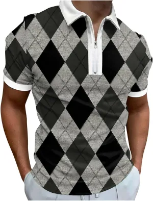 Men's Golf Polo Shirt Vintage Casual Pique Zipper Polo T-Shirt Argyle Loose Fit Sport Shirt Moisture Wicking Golf Shirt 2023 New Summer Oktoberfest Back to School Graduation Season Travel Holiday