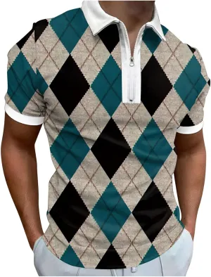 Men's Golf Polo Shirt Vintage Casual Pique Zipper Polo T-Shirt Argyle Loose Fit Sport Shirt Moisture Wicking Golf Shirt Men Boyfriend Brother Friend Husband Son Grandfather Teen Teacher Boys
