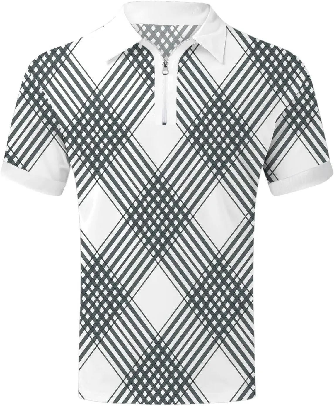 Men's Golf Polo Shirt Vintage Casual Pique Zipper Polo T-Shirt Argyle Loose Fit Sport Shirt Moisture Wicking Golf Shirt