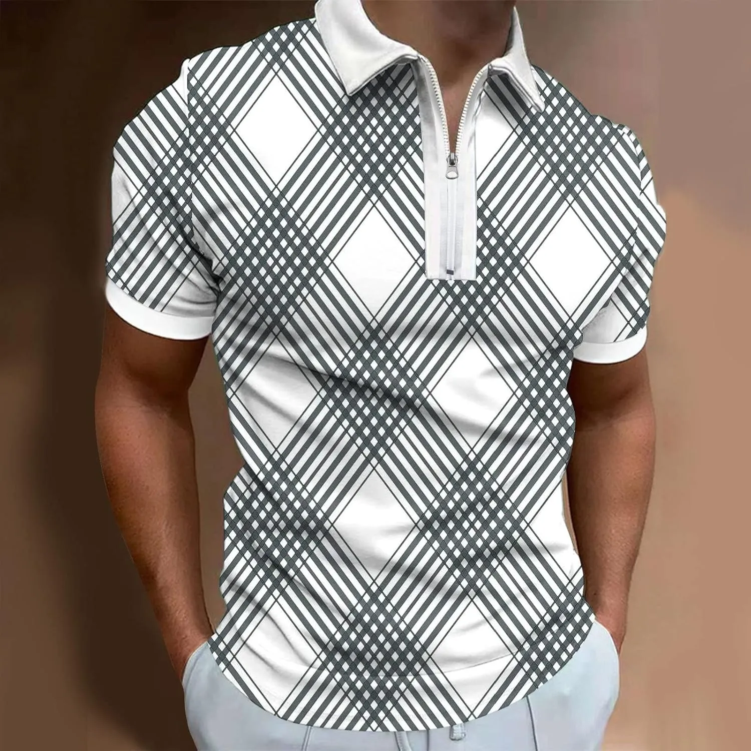 Men's Golf Polo Shirt Vintage Casual Pique Zipper Polo T-Shirt Argyle Loose Fit Sport Shirt Moisture Wicking Golf Shirt