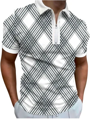 Men's Golf Polo Shirt Vintage Casual Pique Zipper Polo T-Shirt Argyle Loose Fit Sport Shirt Moisture Wicking Golf Shirt