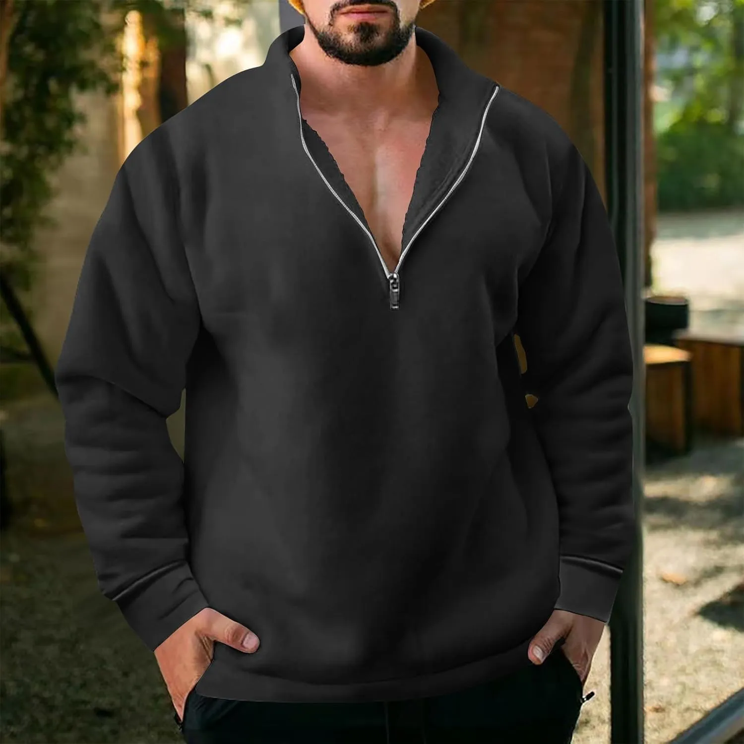 Mens Half Zip Collar Sweatshirt Long Sleeve Fleece Pullover Loose Fit Lightweight Sweatshirts Fashion Sports Tops