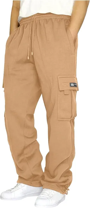 Men's Heavyweight Cargo Fleece Sweatpants Stretch Elastic Waist Jogger Sports Pants Drawstring Sports Trousers