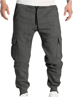 Men's Heavyweight Cargo Fleece Sweatpants Stretch Elastic Waist Joggers Sports Pants Drawstring Sports Trousers