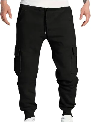 Men's Heavyweight Cargo Fleece Sweatpants Stretch Elastic Waist Joggers Sports Pants Drawstring Sports Trousers