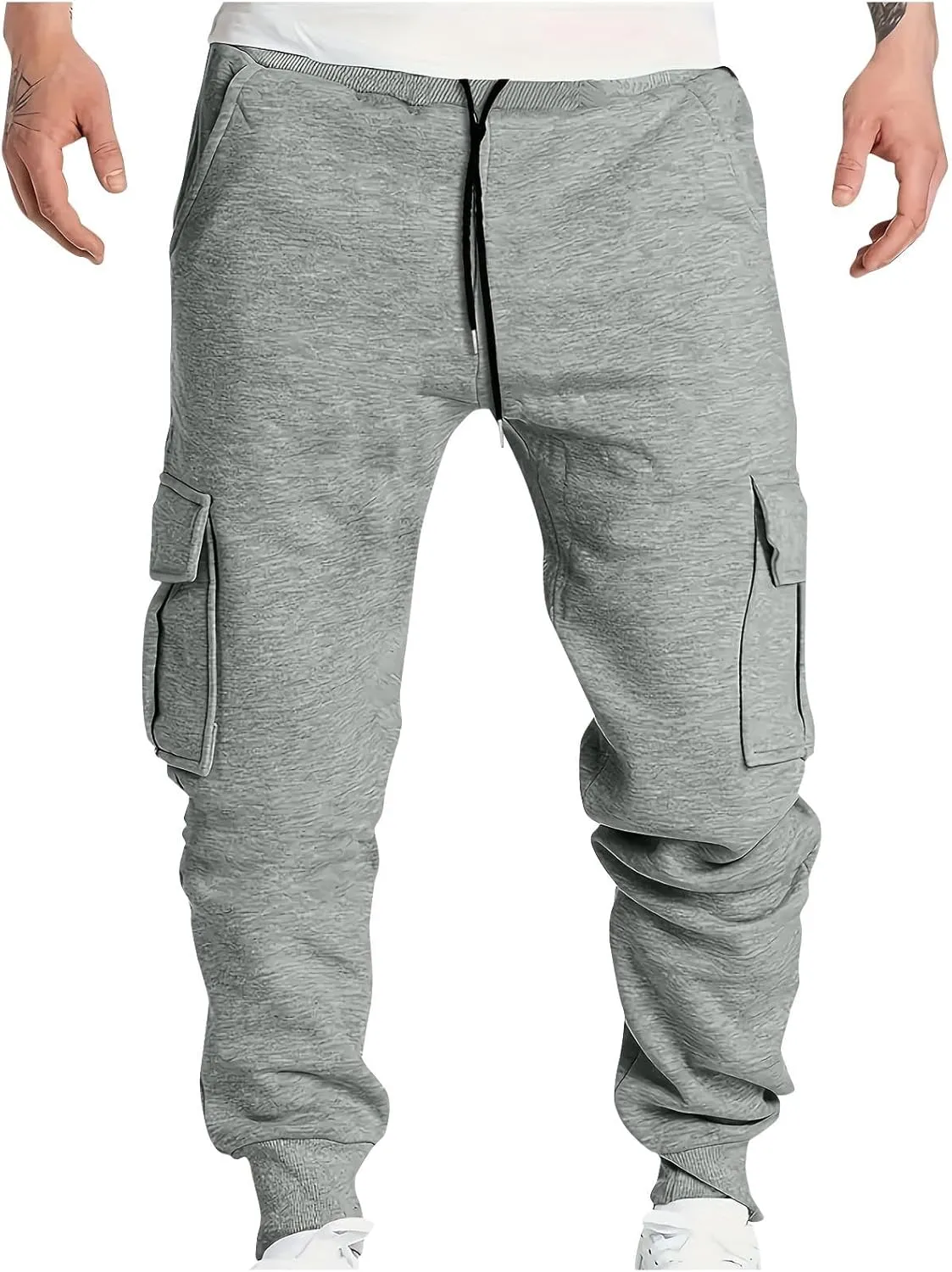 Men's Heavyweight Cargo Fleece Sweatpants Stretch Elastic Waist Joggers Sports Pants Drawstring Sports Trousers