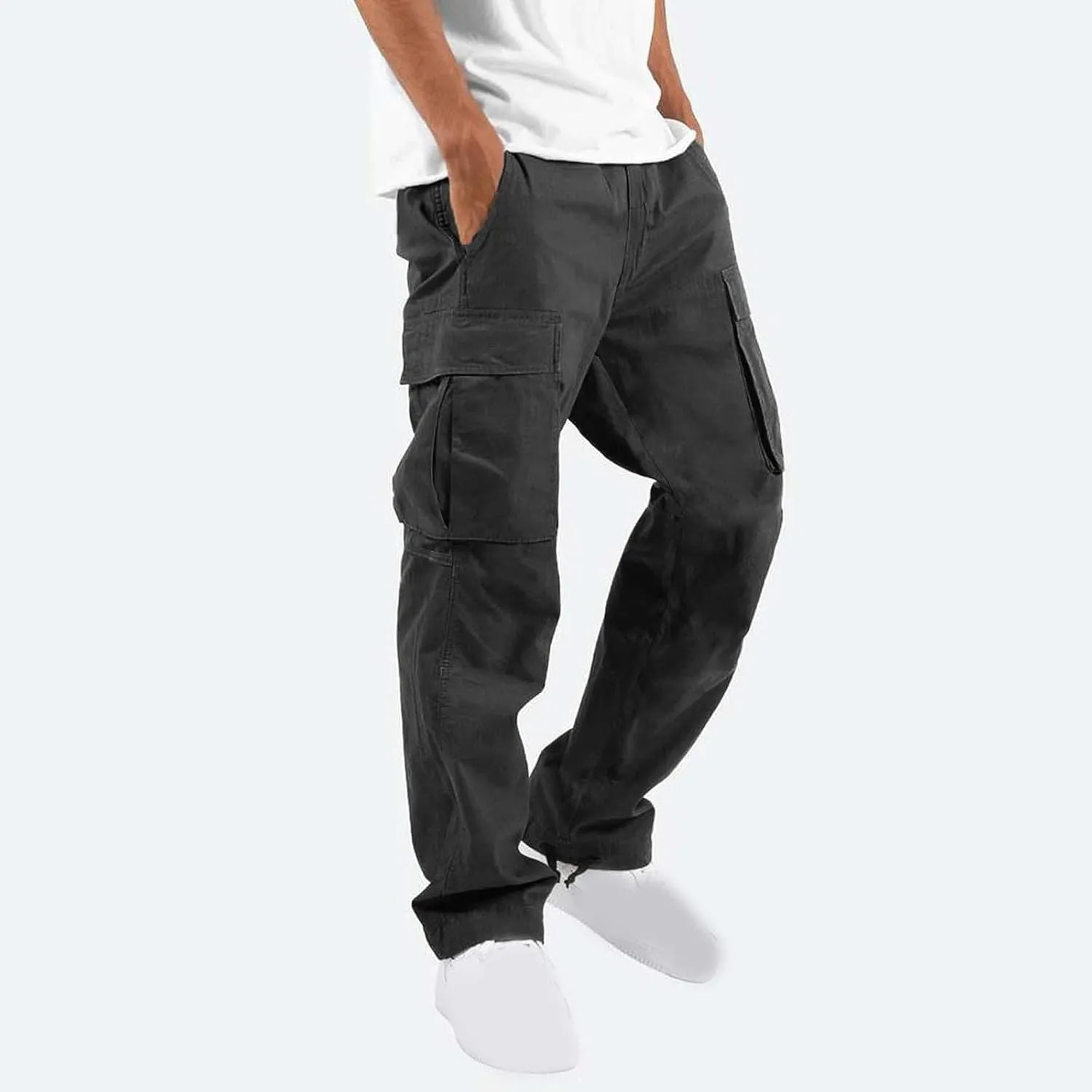 Men's Heavyweight Cargo Fleece Sweatpants Stretch Elastic Waist Multiple Pockets Sports Pants Fitness Sports