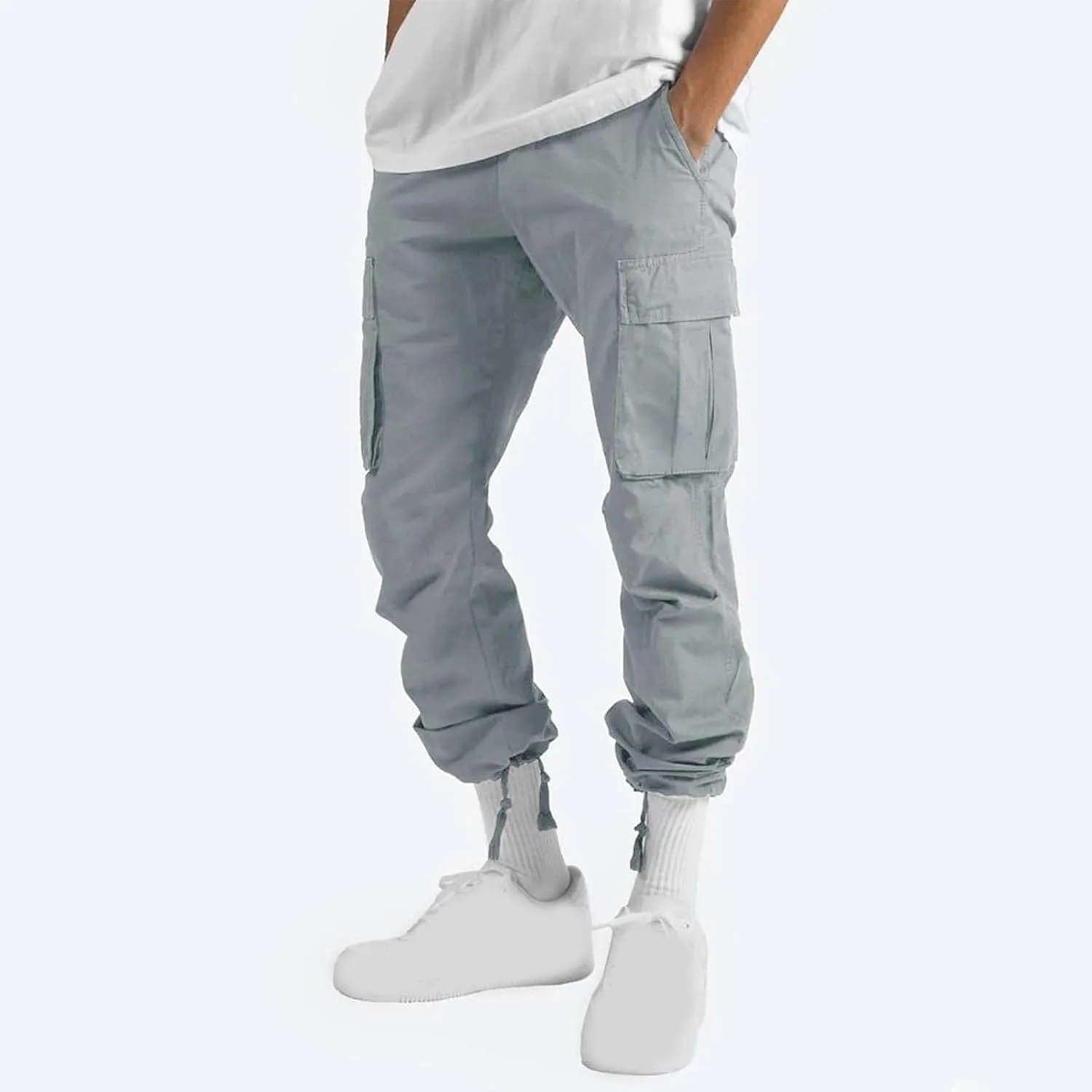 Men's Heavyweight Cargo Fleece Sweatpants Stretch Elastic Waist Multiple Pockets Sports Pants Fitness Sports