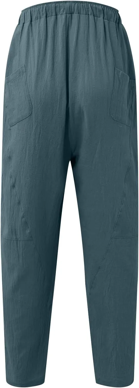 Mens Hiking Pants Lightweight Linen Pants Elastic Waist Drawstring Pants Summer Beach Pant Casual Baggy Pants