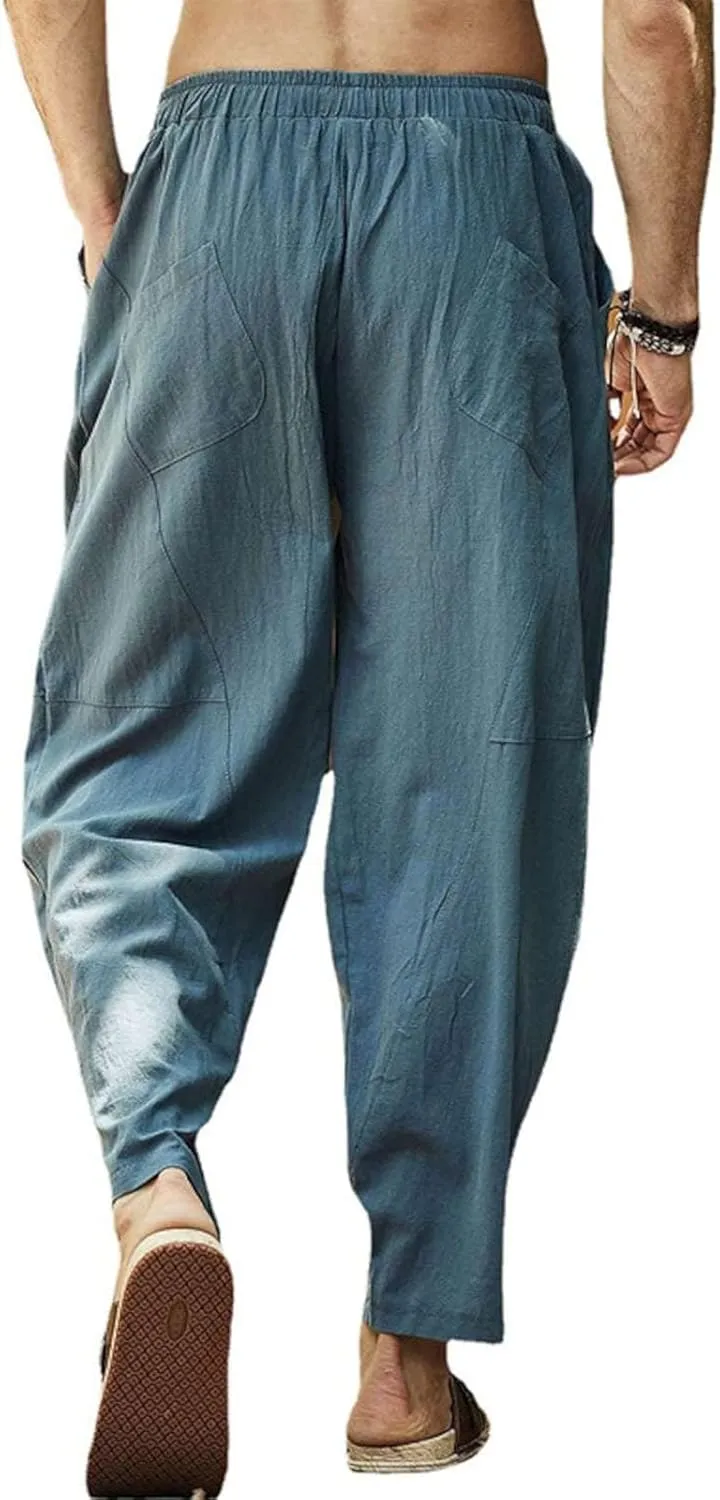 Mens Hiking Pants Lightweight Linen Pants Elastic Waist Drawstring Pants Summer Beach Pant Casual Baggy Pants