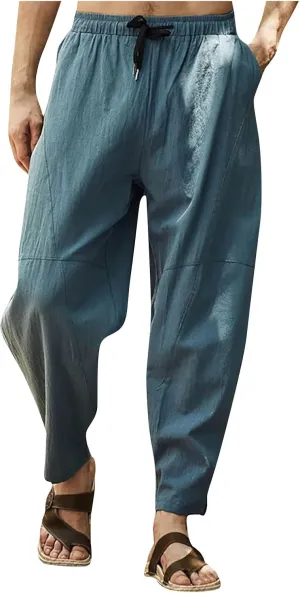 Mens Hiking Pants Lightweight Linen Pants Elastic Waist Drawstring Pants Summer Beach Pant Casual Baggy Pants