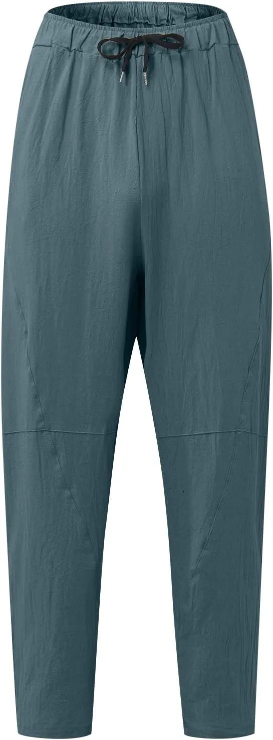 Mens Hiking Pants Lightweight Linen Pants Elastic Waist Drawstring Pants Summer Beach Pant Casual Baggy Pants