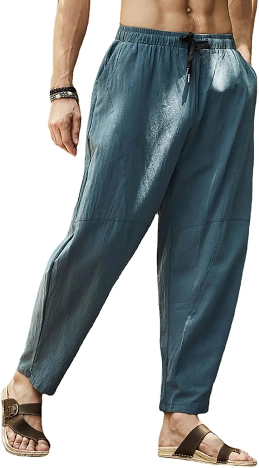 Mens Hiking Pants Lightweight Linen Pants Elastic Waist Drawstring Pants Summer Beach Pant Casual Baggy Pants