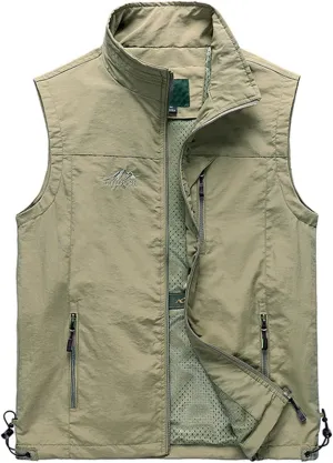 Men's Lightweight Softshell Vest Outdoor Work Fishing Photo Travel Utility Vest Stand Collar Zip Up Windproof Jacket