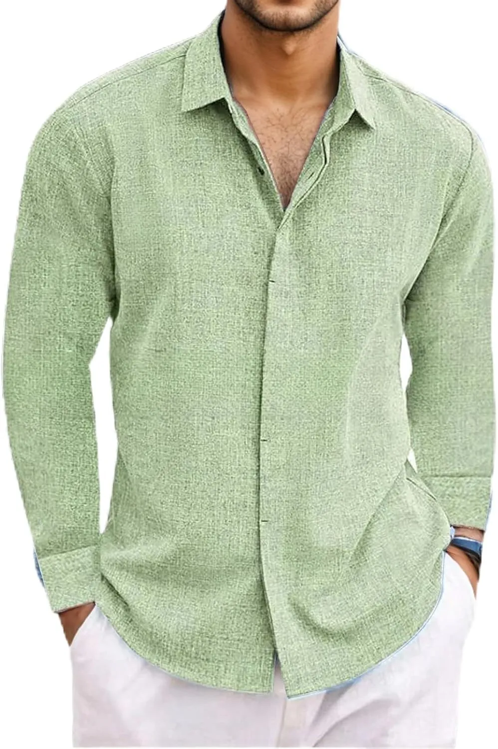 Men's Linen Long Sleeve Shirt Loose Undershirt Mens Solid Color Shirt Plus Size Summer Beach Hawaiian Shirt