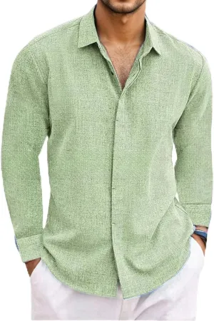 Men's Linen Long Sleeve Shirt Loose Undershirt Mens Solid Color Shirt Plus Size Summer Beach Hawaiian Shirt