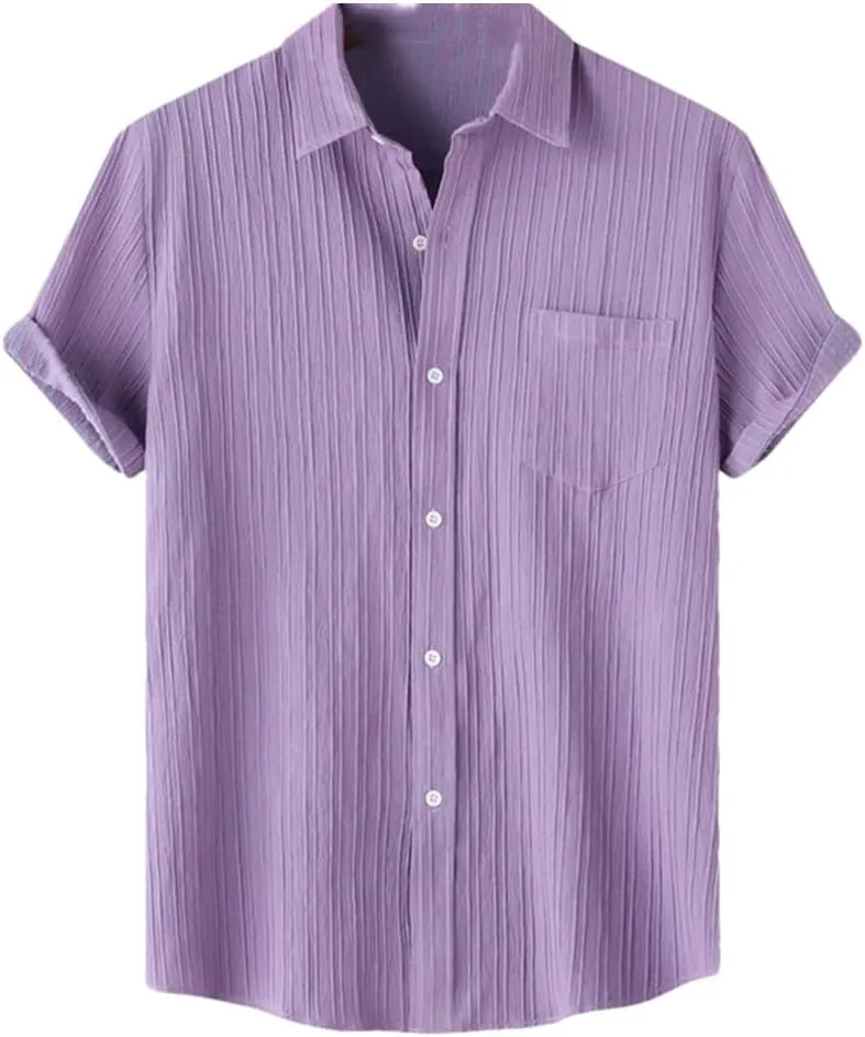 Men's Linen Shirt Short Sleeve Tie Button Beach Shirt Casual Breathable Hawaiian Shirt