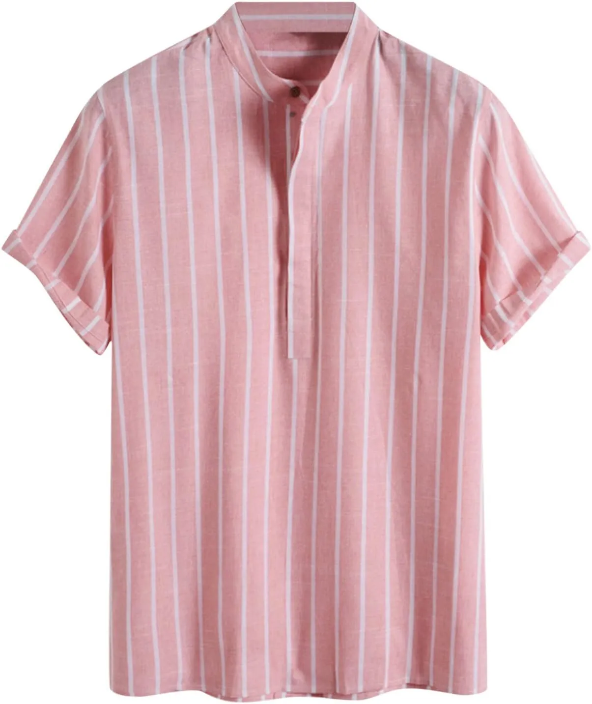 Men's Linen Shirts Striped Casual Shirts Short Sleeve Button Down Shirt for Men Beach Summer Shirt