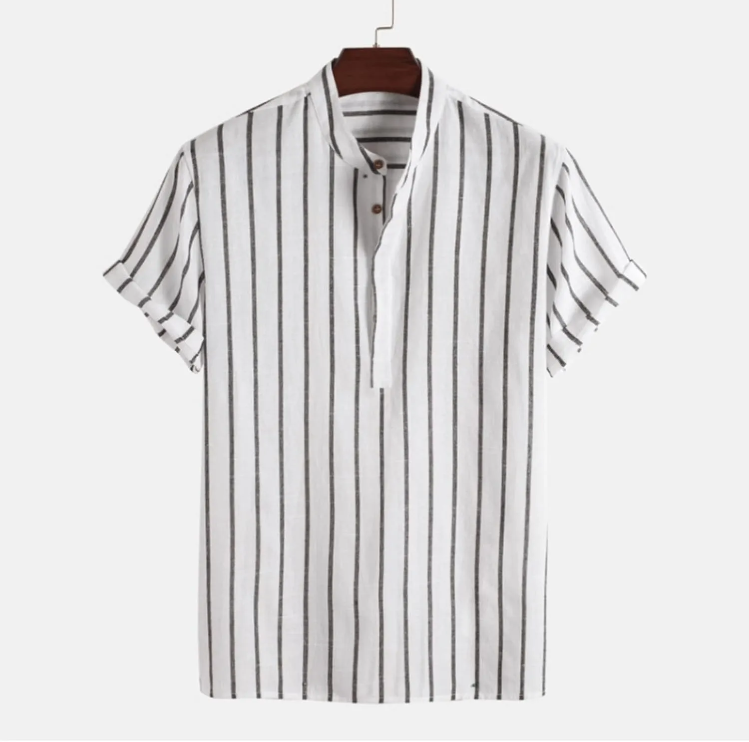 Men's Linen Shirts Striped Casual Shirts Short Sleeve Button Down Shirt for Men Beach Summer Shirt