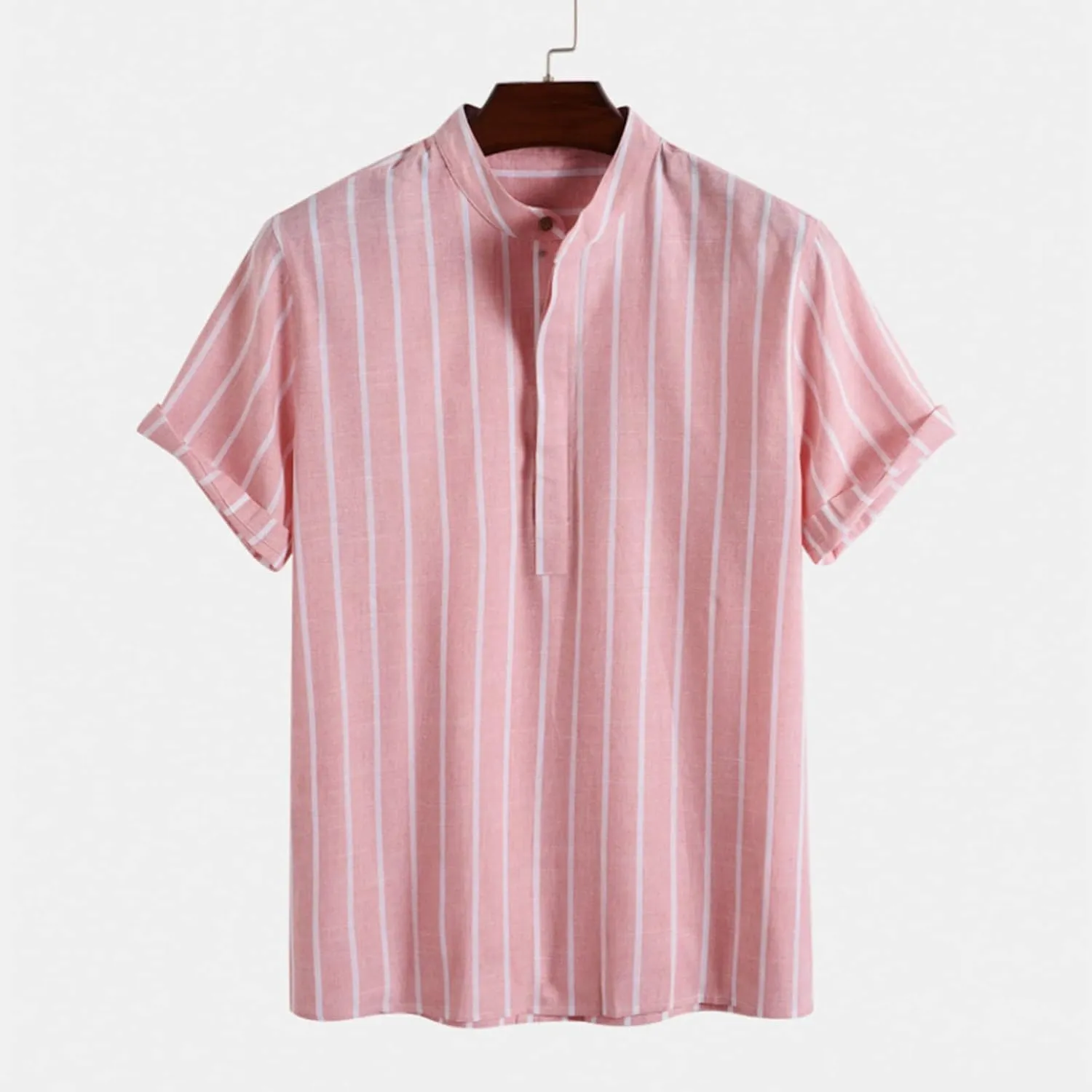 Men's Linen Shirts Striped Casual Shirts Short Sleeve Button Down Shirt for Men Beach Summer Shirt