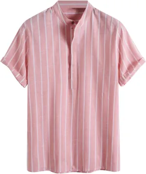 Men's Linen Shirts Striped Casual Shirts Short Sleeve Button Down Shirt for Men Beach Summer Shirt