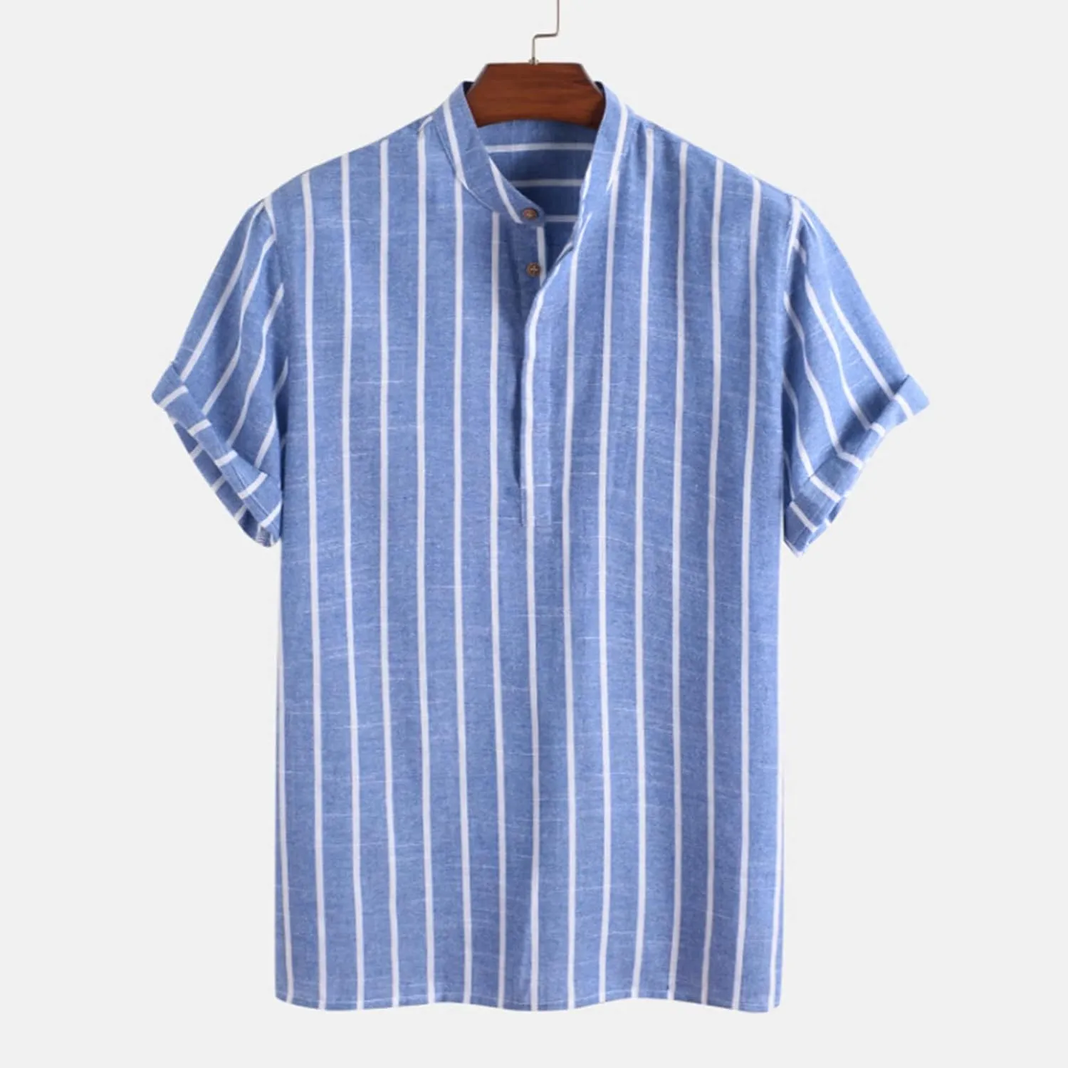 Men's Linen Shirts Striped Casual Shirts Short Sleeve Button Down Shirt for Men Beach Summer Shirt