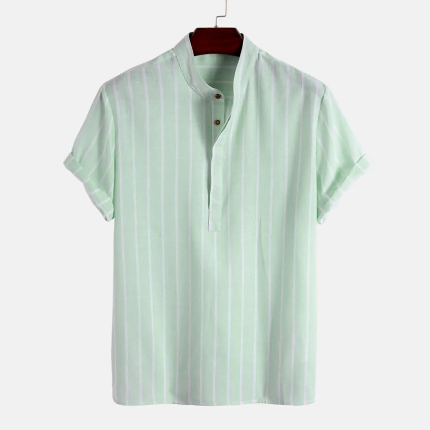Men's Linen Shirts Striped Casual Shirts Short Sleeve Button Down Shirt for Men Beach Summer Shirt