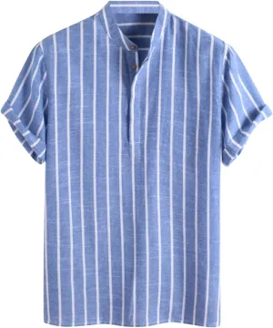 Men's Linen Shirts Striped Casual Shirts Short Sleeve Button Down Shirt for Men Beach Summer Shirt