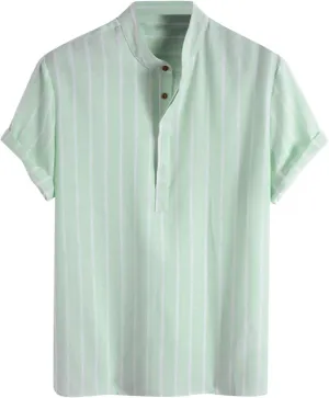 Men's Linen Shirts Striped Casual Shirts Short Sleeve Button Down Shirt for Men Beach Summer Shirt