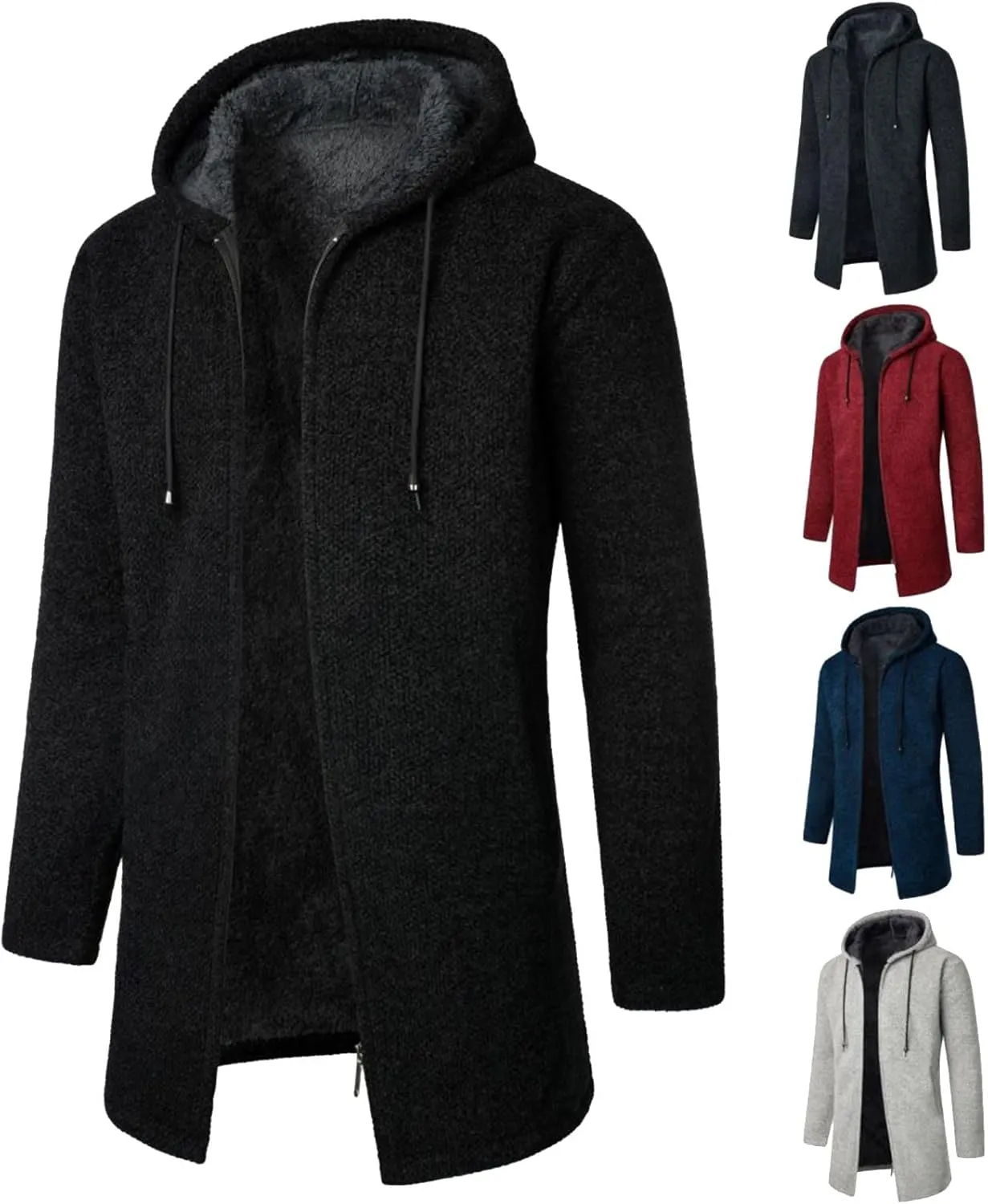 Mens Long Cardigan Hoodies Full Zip Fleece lined Sweaters Fashion Knitted Men Regular Fit Warm Sweater Hooded Coat