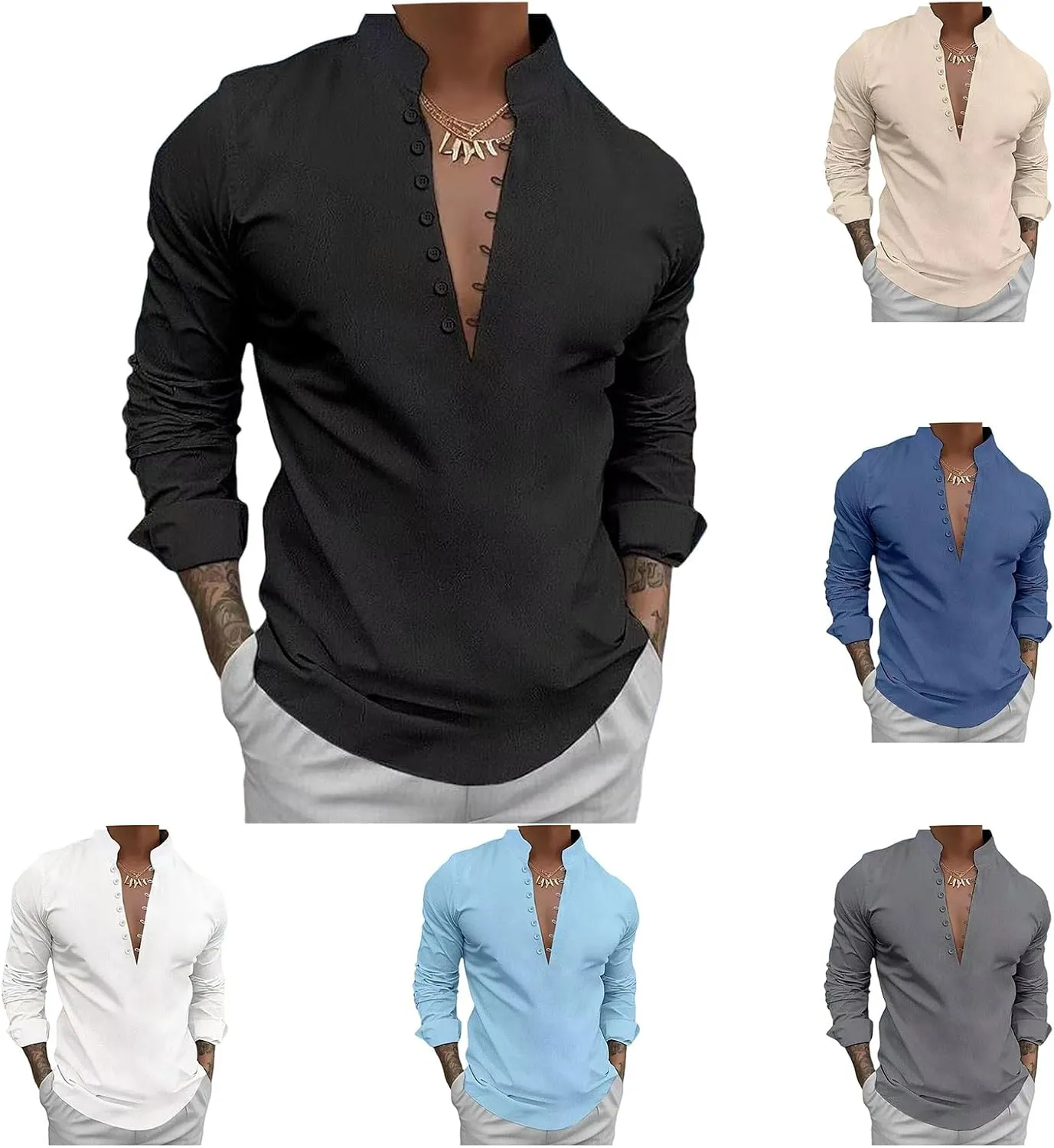 Mens Long Sleeve Linen Shirt Band Collar Casual Henley Shirt Button Up Loose Fit Vintage Shirts Beach Hippie T Shirt