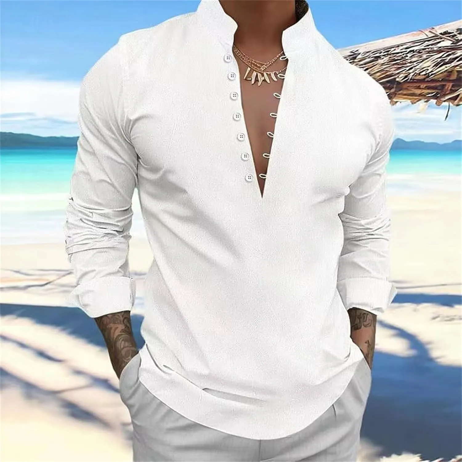 Mens Long Sleeve Linen Shirt Band Collar Casual Henley Shirt Button Up Loose Fit Vintage Shirts Beach Hippie T Shirt
