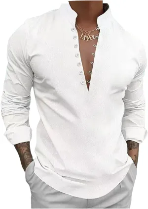 Mens Long Sleeve Linen Shirt Band Collar Casual Henley Shirt Button Up Loose Fit Vintage Shirts Beach Hippie T Shirt