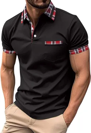 Men's Muscle V Neck Polo Shirts Slim Fit Shirt Short Sleeve Golf T-Shirts Stripe Retro Soft Casual Tee