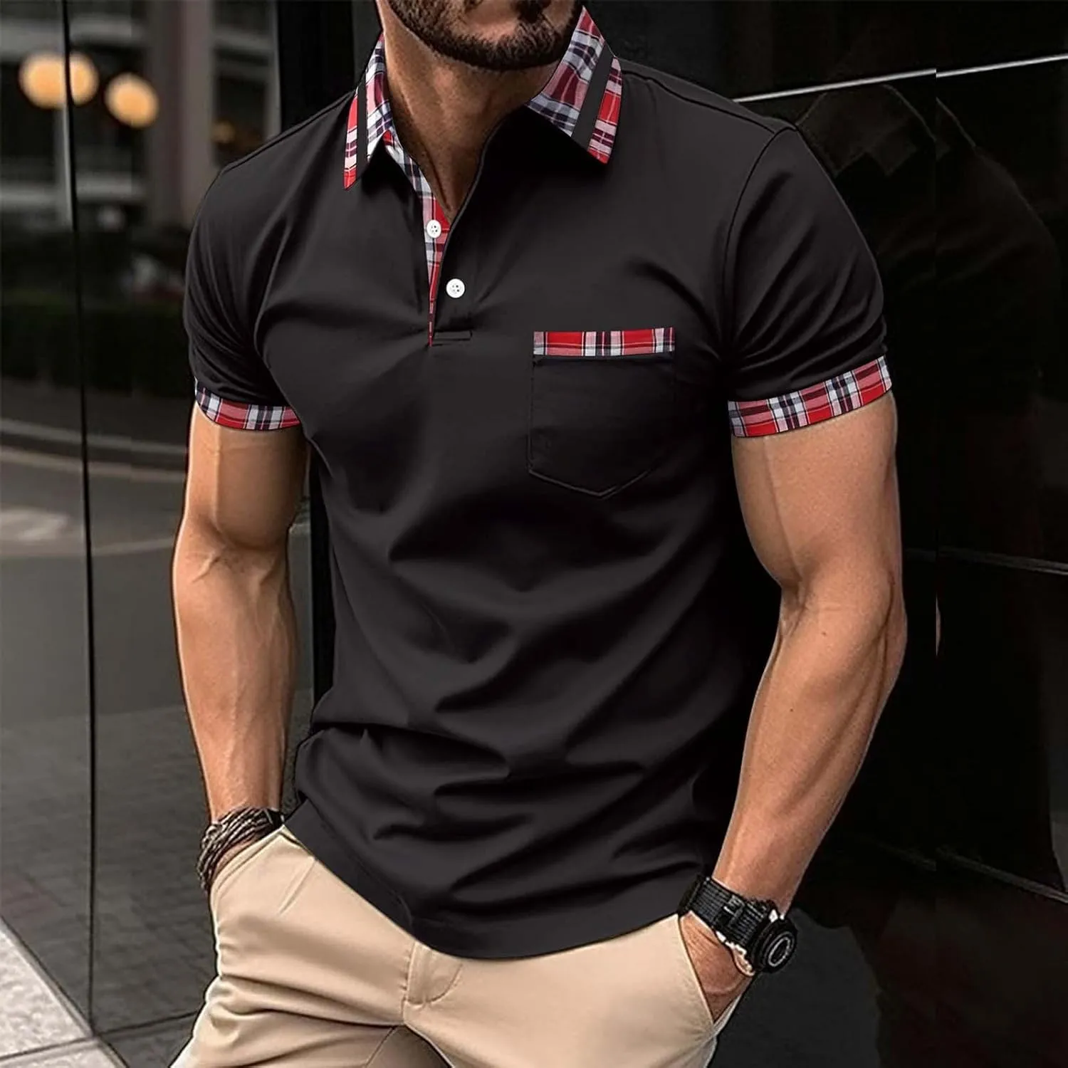 Men's Muscle V Neck Polo Shirts Slim Fit Shirt Short Sleeve Golf T-Shirts Stripe Retro Soft Casual Tee