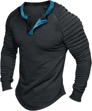 Mens Polo Shirts, Mens Henley Shirt Long Sleeve T Shirt Slim Fit Moisture Wicking Golf Shirt with Pleated Sleeve
