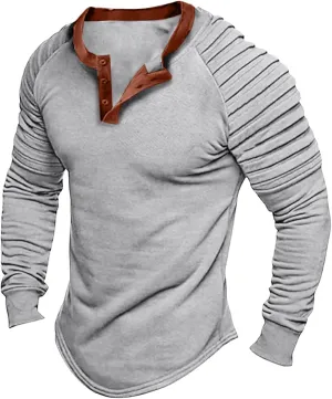 Mens Polo Shirts, Mens Henley Shirt Long Sleeve T Shirt Slim Fit Moisture Wicking Golf Shirt with Pleated Sleeve