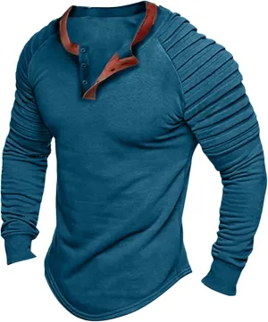 Mens Polo Shirts, Mens Henley Shirt Long Sleeve T Shirt Slim Fit Moisture Wicking Golf Shirt with Pleated Sleeve