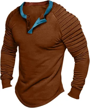 Mens Polo Shirts, Mens Henley Shirt Long Sleeve T Shirt Slim Fit Moisture Wicking Golf Shirt with Pleated Sleeve