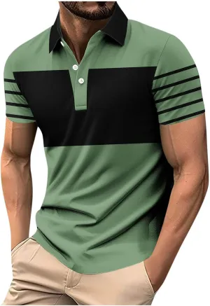 Men's Polo Shirts Short Sleeve Casual Polo T Shirt Color Block Slim Fit Golf Shirts Striped Moisture Wicking Golf Top