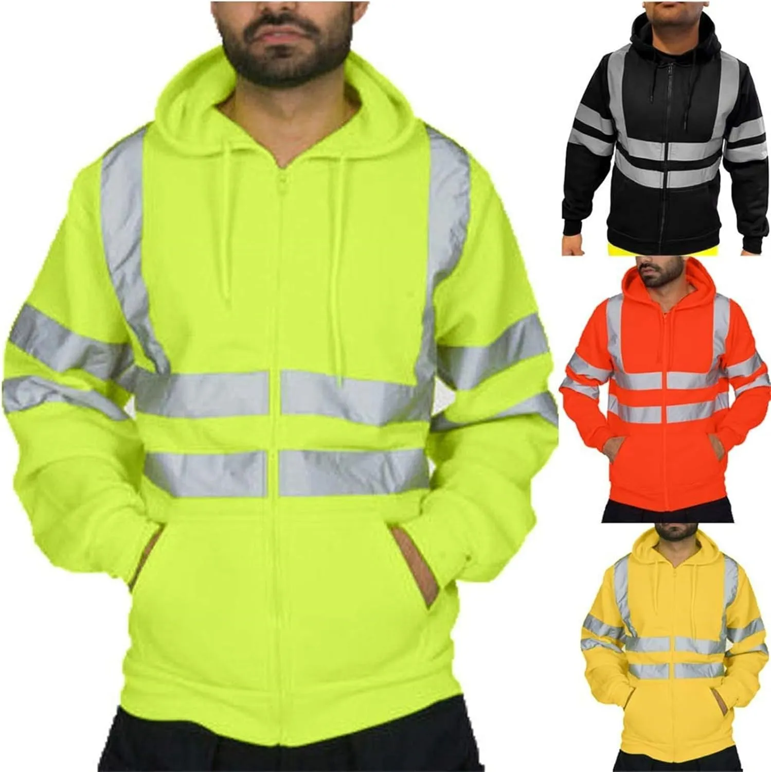 Mens Reflective Shirts Class 3 High Visibility Safety Hoodie Sweatshirt Casual Hi Vis Hooded Sweatshirts Zip Jacket