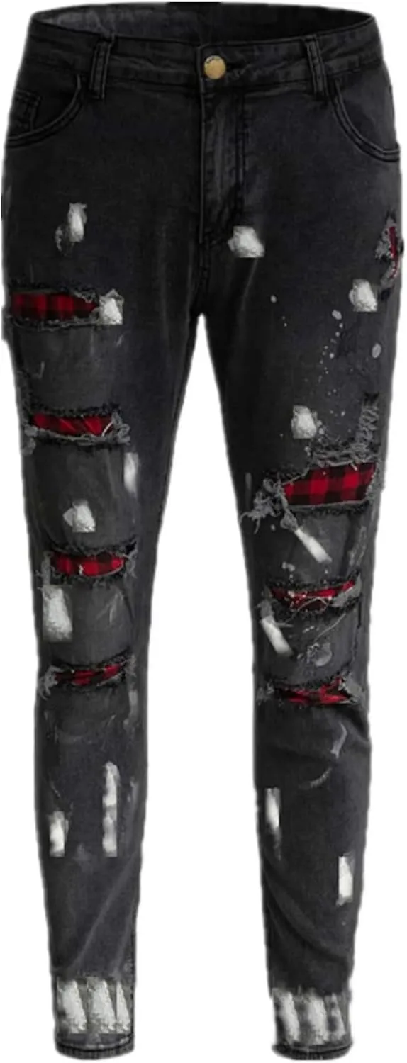 Men's Ripped Jeans  Fashionable Slim Fit Stretch Denim with Patches,Ripped Distressed Destroyed Straight Slim Fit Jeans
