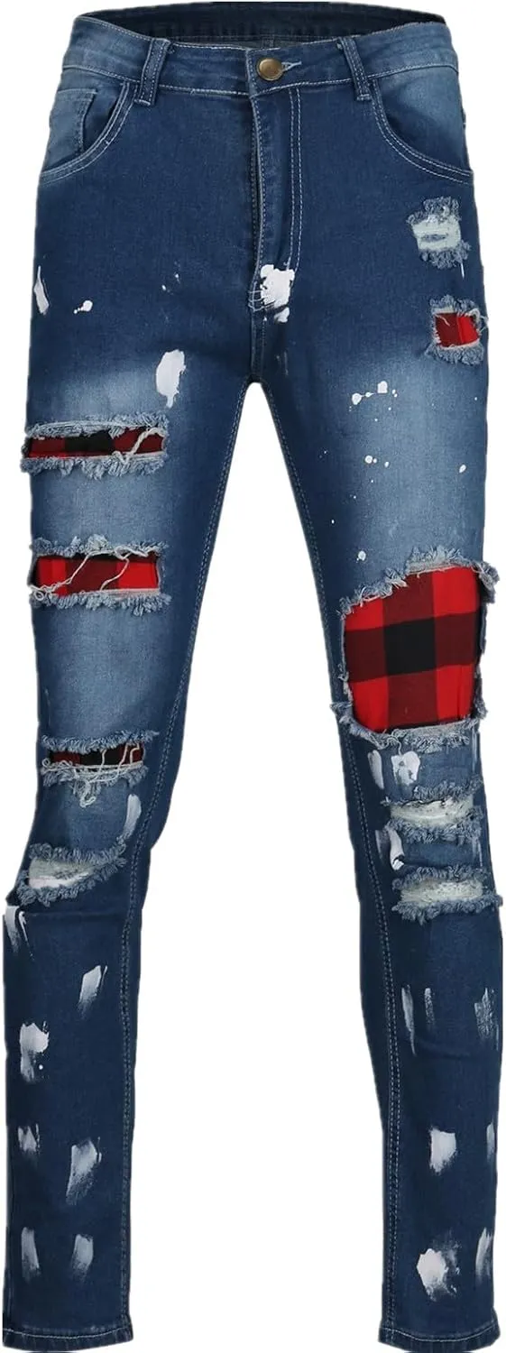 Men's Ripped Jeans  Fashionable Slim Fit Stretch Denim with Patches,Ripped Distressed Destroyed Straight Slim Fit Jeans