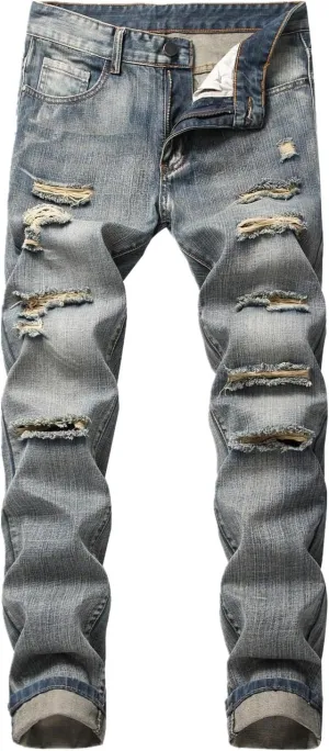 Men's Ripped Jeans  Fashionable Slim Fit Stretch Denim with Patches,Ripped Distressed Destroyed Straight Slim Fit Jeans