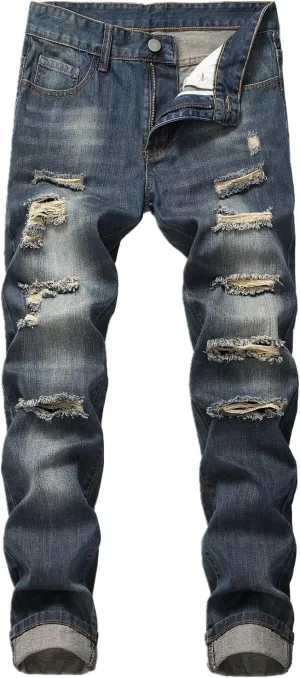 Men's Ripped Jeans  Fashionable Slim Fit Stretch Denim with Patches,Ripped Distressed Destroyed Straight Slim Fit Jeans