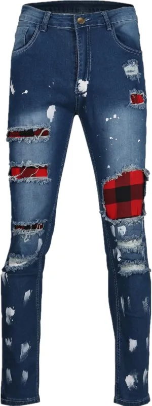 Men's Ripped Jeans  Fashionable Slim Fit Stretch Denim with Patches,Ripped Distressed Destroyed Straight Slim Fit Jeans