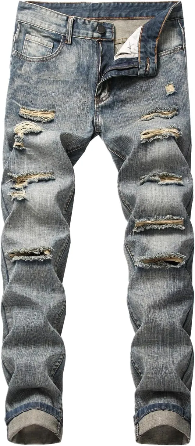 Men's Ripped Jeans  Fashionable Slim Fit Stretch Denim with Patches,Ripped Distressed Destroyed Straight Slim Fit Jeans